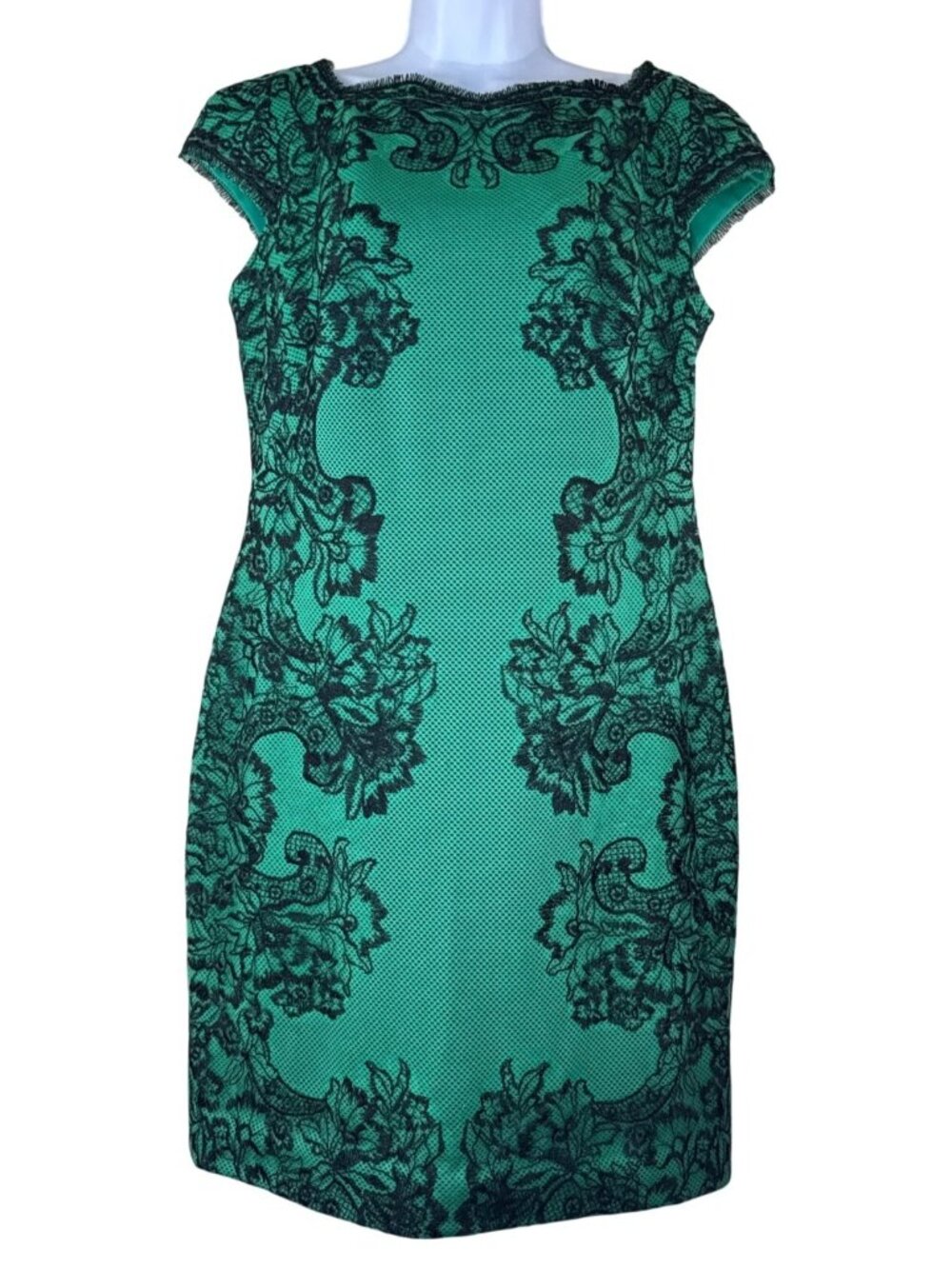 Tadashi Shoji Green Black Floral Lace Sheath Dress Cap Sleeve Size 8 Fitted